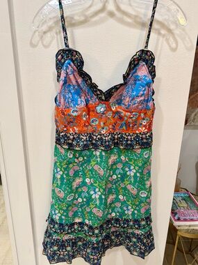 Cynthia Rowley 100% Cotton Floral Patchwork Mini Dress Ruffle Trim Slip Size 4